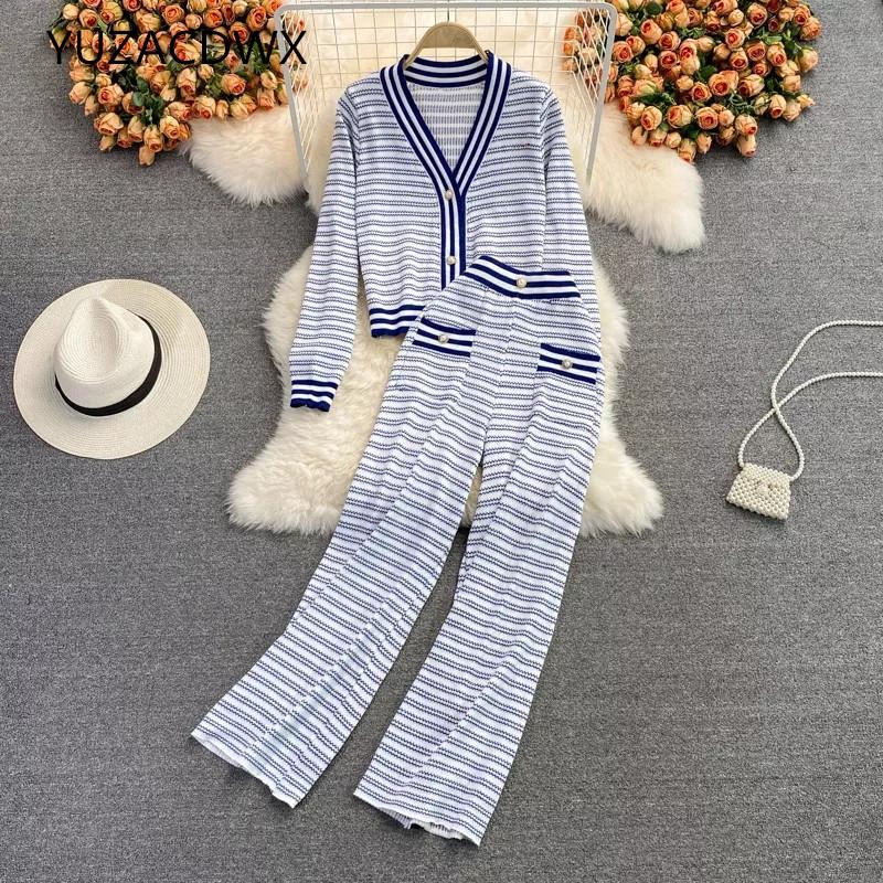 

Women' Two Piece Pants YUZACDWX Women Sweater Set Autumn Sexy V-Neck Striped Knitted Cardigan Top+Casual Wide Leg Brand Pieces Suit, Picture color