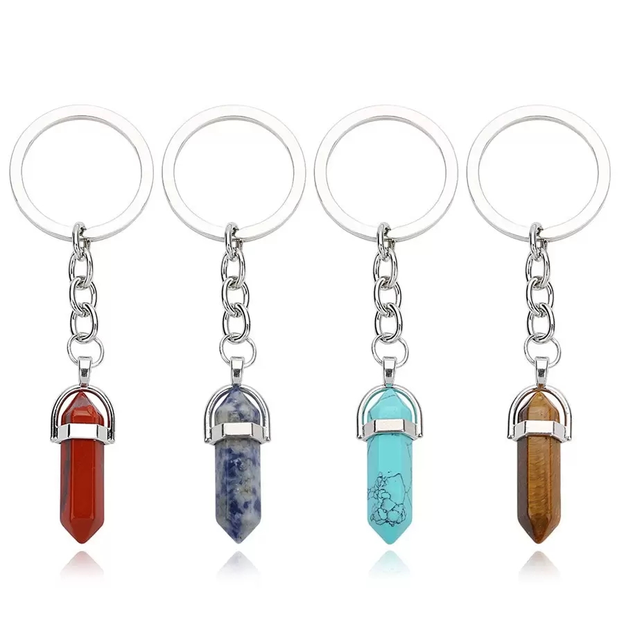 

Natural Stone Crystal Key Rings Handbag Dangle Holder Keychains Hexagonal Column Pendulum Amulet Real Agates Tiger Eye Opal Pink Quartz Key Chain