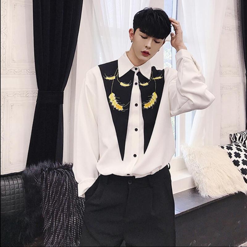 

Men's Casual Shirts Models Personality Black And White Splice Color Embroidery Men's Loose Long-sleeved Shirt Nightclub Hair Stylist You