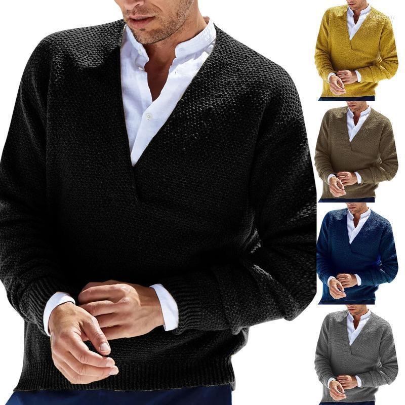 

Men's Sweaters Autumn And Winter Pullover V-neck Solid Color Cardigan Sweater Coat Fashion Business Casual Warm Harajuku Begu22, Dark blue