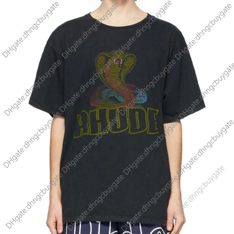 

designer t shir brand rhude wash cobra prin worn loose trend shor sleeve tshir for men and women shir brand high qualiy, Black