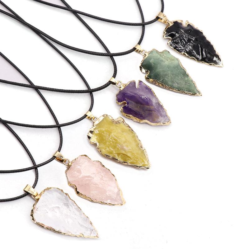 

Pendant Necklaces Retro Mineral Raw Arrowhead Black Obsidian Crystal Necklace Healing Natural Onxy Agat Amethysts Quartz NecklacePendant