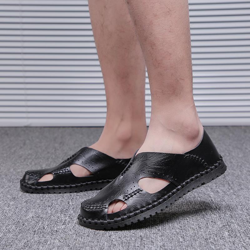 

Sandals Mens Summer Genuine Leather Beach Slippers Men Outdoor Casual Lightweight Sandeles For Soft Fashion Big Size 48, Black