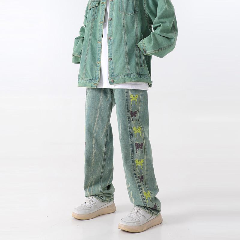 

Men' Jeans Retro Green Men Embroidered Baggy Straight Pants Korean Fashion Demin Trousers Hip Hop Streetwear Male Bottoms Y2K ClothesMen