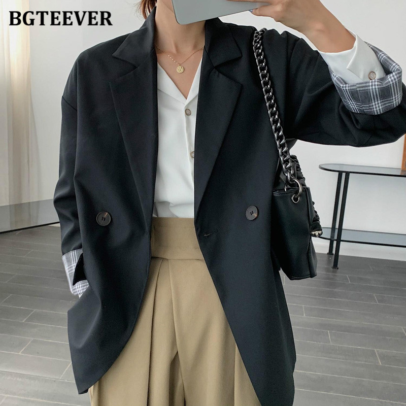 

Spring Double Button Women Suit Jackets Plaid Patchwork Female Long Blazer 2021 Casual Full Sleeve Loose Ladies Coats, Black