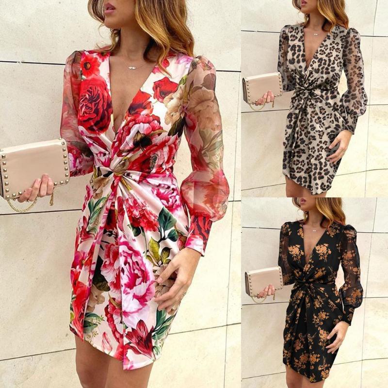 

Casual Dresses Women Sexy Print Long Sleeve V Neck Vestido Corto Estampado Mini Dress Holiday Vintage Clothes Leopard, Black