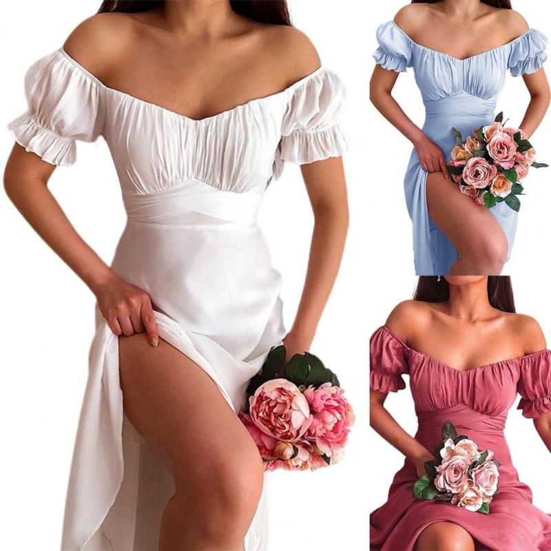 

Women' Swimwear Summer Women Puff Sleeve Midi Dress Sexy Backless Slit Solid Beach Party Dresses Casual Patchwork Sundress Fashion 2022, Blue