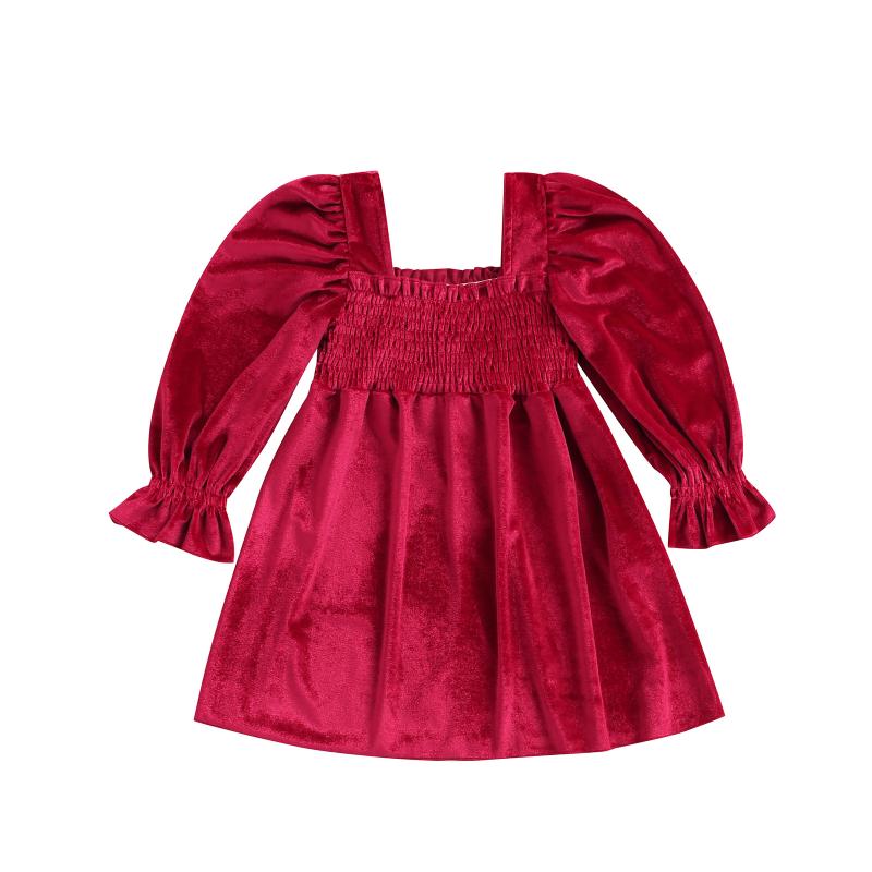 

Girl's Dresses Toddler Baby Girl Velvet Dress Long Sleeve Solid Color O-Neck Frill Smocked A-Line 2-7Y, Red;yellow