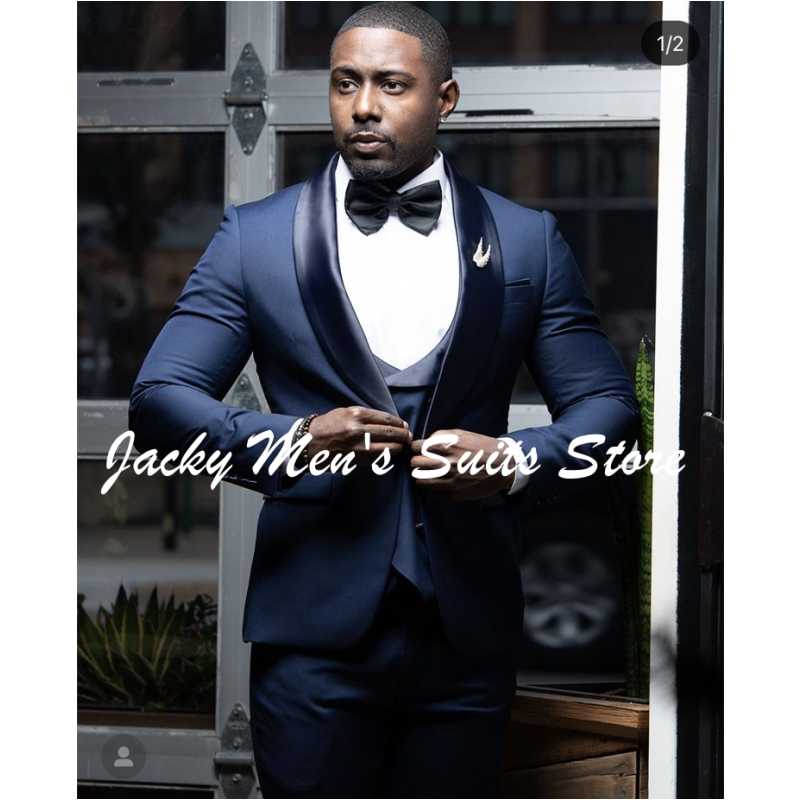 

Men's Suits & Blazers Plus Size Wedding Dark Blue Men Black Shawl Lapel Tuxedos Terno Masculino Slim Fit Groom Blazer 3 Pieces Jacket+Pant+V