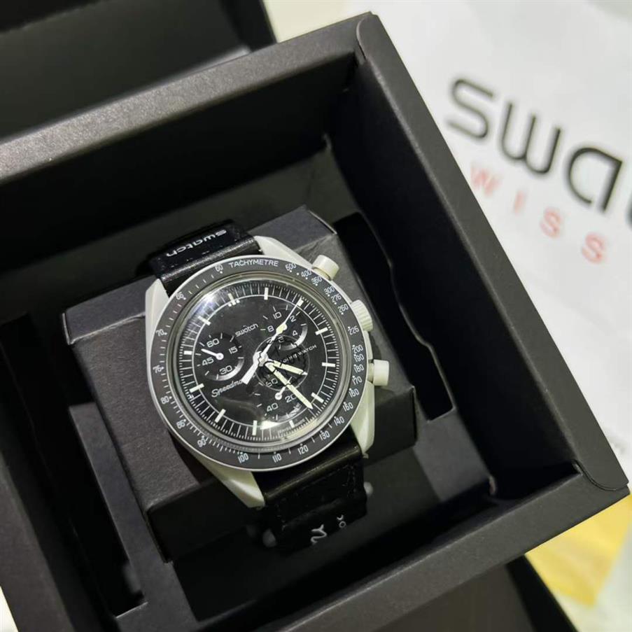 

Bioceramic Moonswatch Swiss Quqrtz Chronograph Mens Watch SO33A100 Mission to the Moon 42mm Real Black Ceramic Metallic Grey Nylon255A, Screwdriver 1.2mm