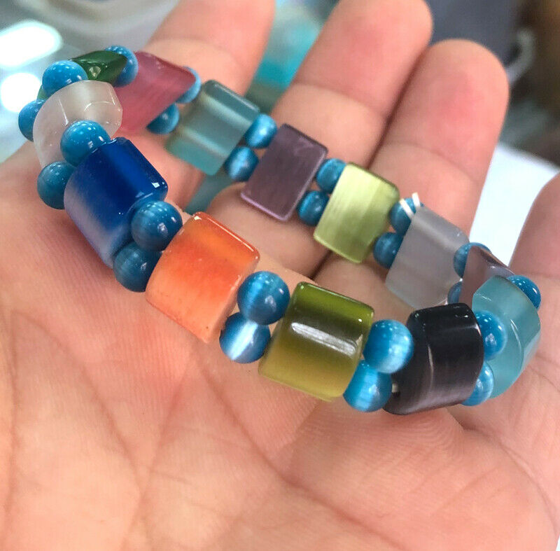 

Natural 5mm&9x12mm Multi-Color Cat Eye Stone Opal Gemstone Stretchy Bracelet