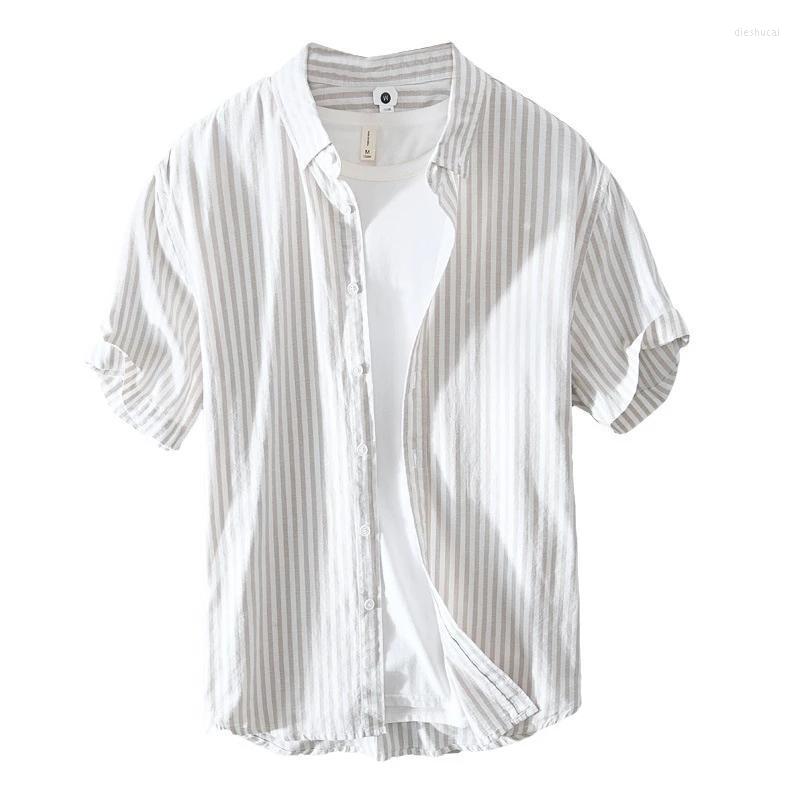 

Men's Casual Shirts Summer And Spring Men Short Sleeve Striped Shirt Loose Cotton Youth Top Workwear Khaki Blue