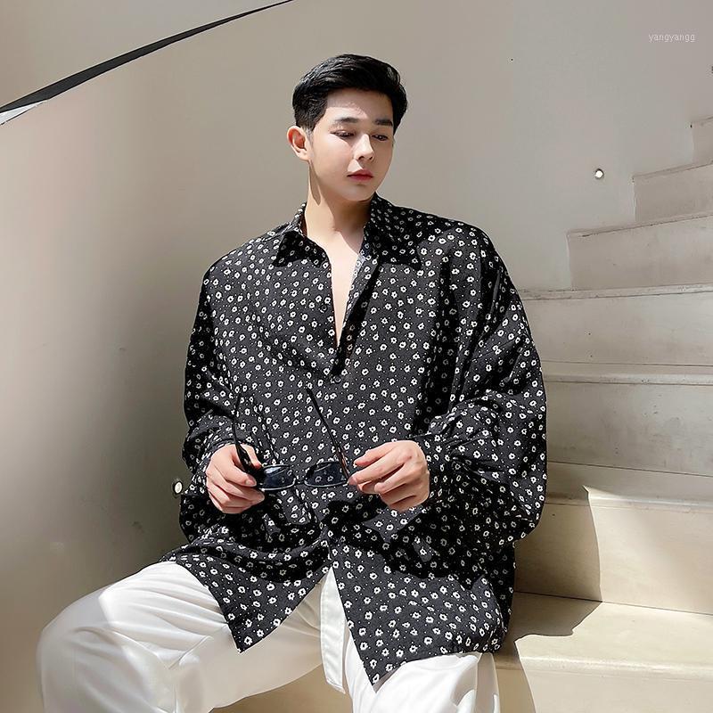 

Men's Casual Shirts Man Korean Streetwear Fashion Vintage Dress Shirt Wear Flower Print Oversize Loose Long Sleeve Blouses, H1182