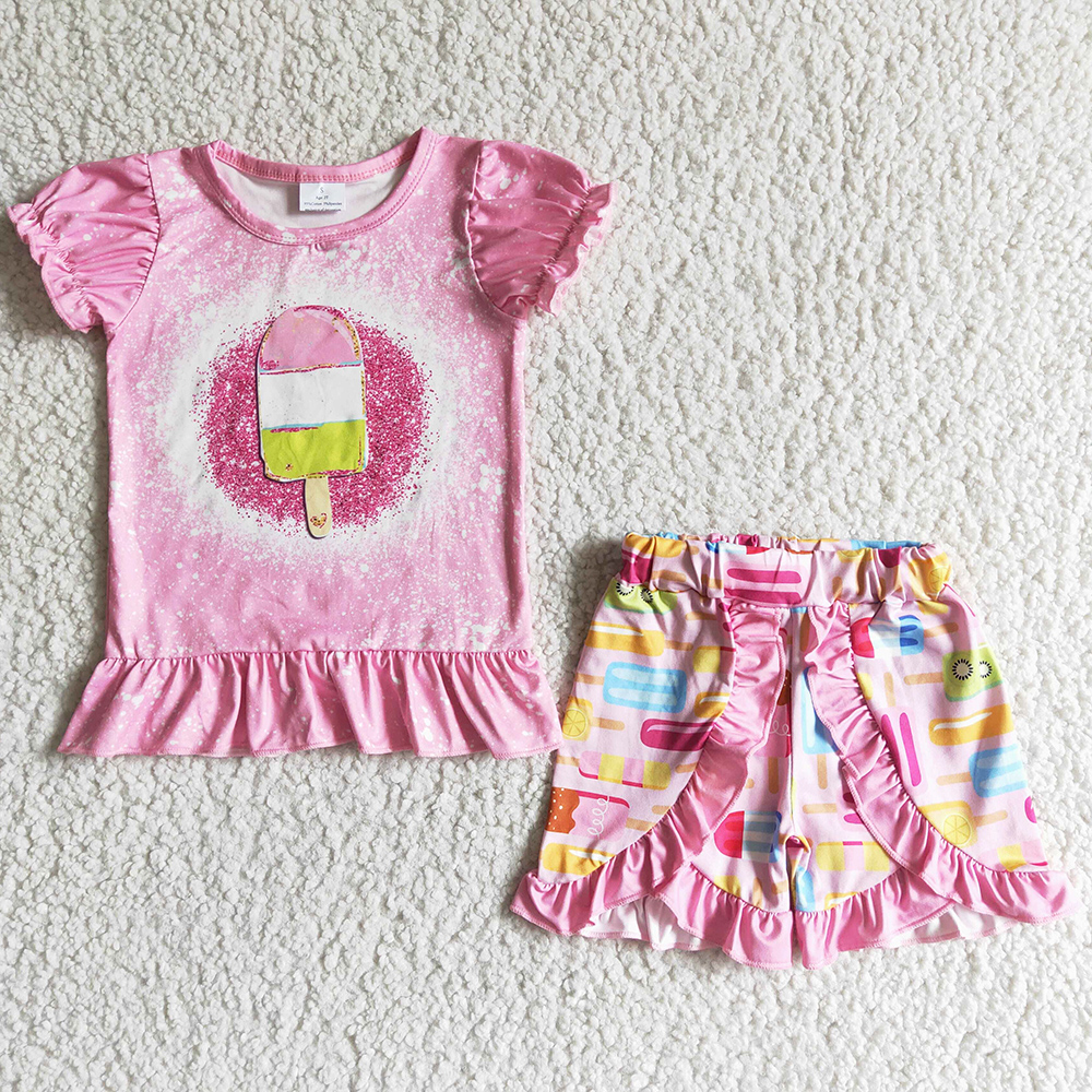 

Fashion Kids Boutique Clothing Sets Boutique Baby Girl Clothes Summer Short Sleeve T-shirt Ruffle Shorts Cute Toddler Kid Outfits High Quality Wholesale Milk Silk, As picture