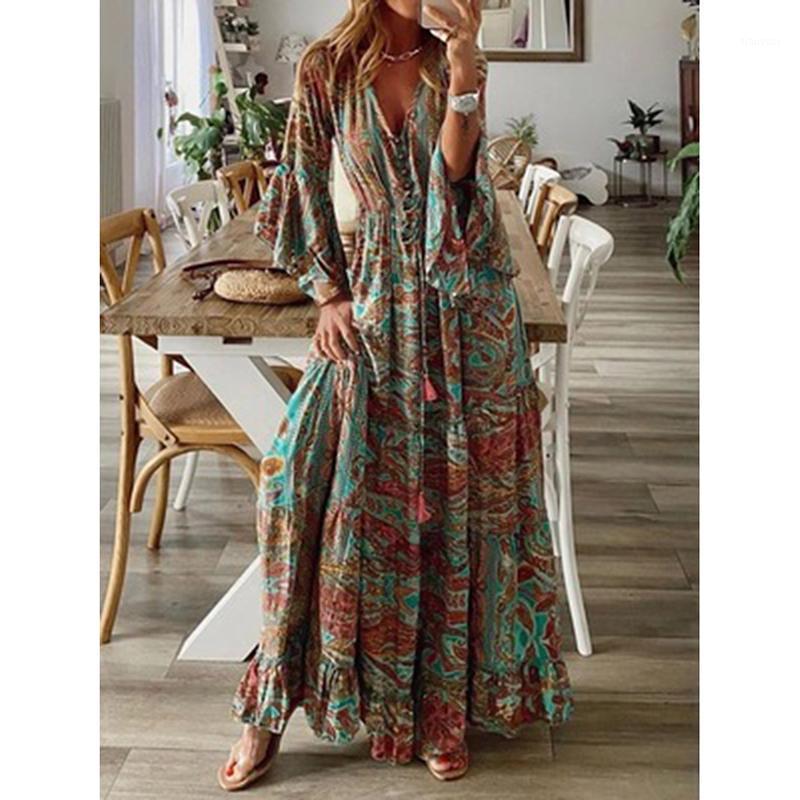 

Casual Dresses Bohemian Summer Dress Women Leaf Print Three Quarter Maxi Woman V Neck Ruffles For 2022 Sundress Female 3XL, Multi