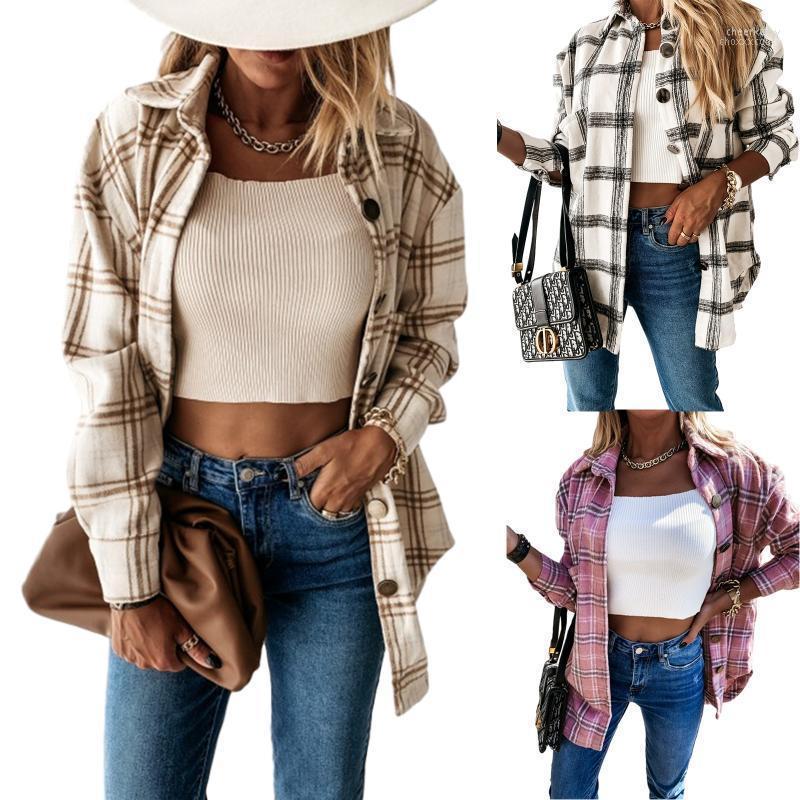 

Women' Blouses & Shirts Women Fashion Long Sleeve Plaid Top Casual Lapel Cardigan Coat For Shopping Daily Wear Chee22, White
