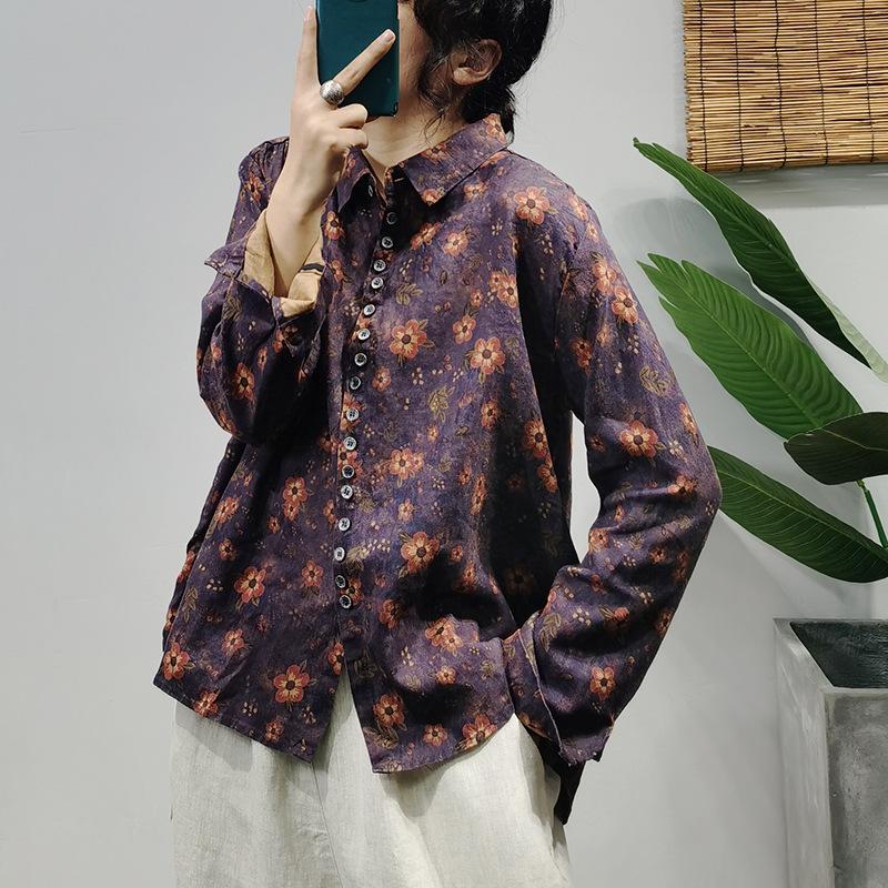

Women's Blouses & Shirts 2022 Spring Print Retro Casual Blouse Turn-down Collar Button Long-sleeved Women Baoken Flower Shirt Tops, Gray
