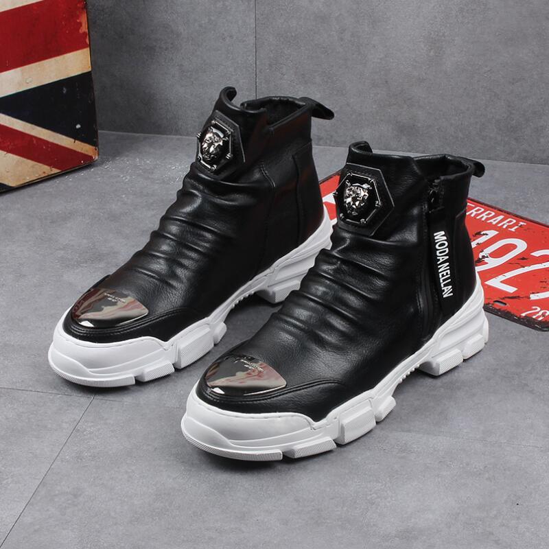

Sneakers Mens boots Casual Luxury Thick Sole Boots High Top Men's White Leather Fashionable Men Fashion b5, Black
