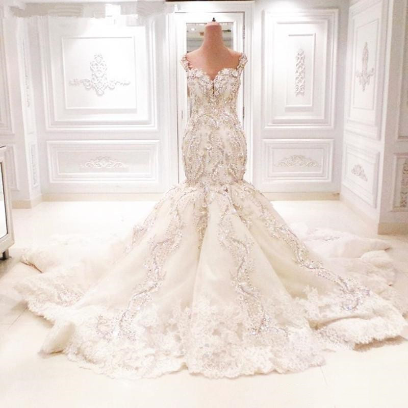 

Michael Cinco Sparkly Lace Mermaid Wedding Dresses Cathedral Train 3D Floral V-neck Backless Dubai Arabic Fishtail Bridal Dress, Champagne
