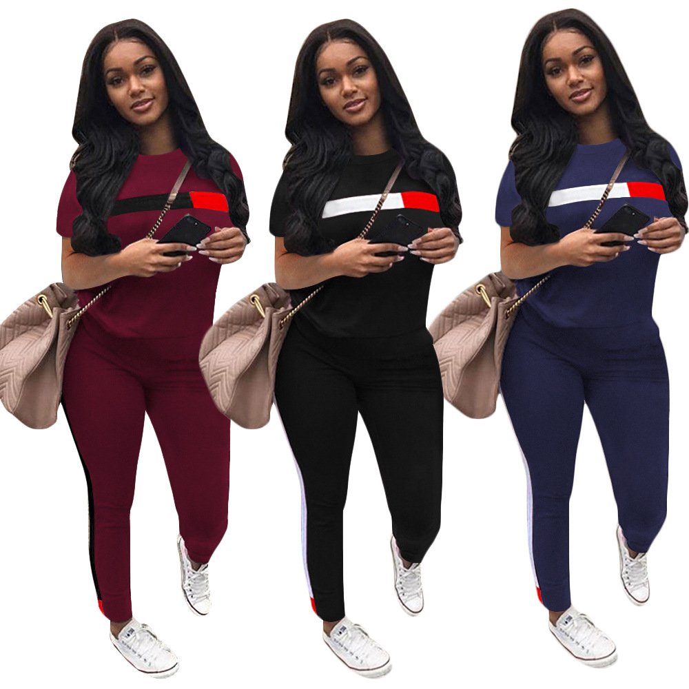 

Women's Two Piece Pants Simple and casual striped sports suit, 03