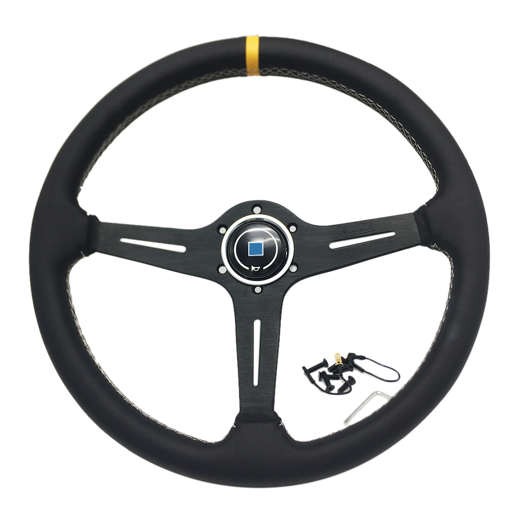 

380MM 370MM Classic Leather Steering Wheel With N* Horn Universal 15Inch Racing Car Sport Steering Wheel With Gumetal Spoke