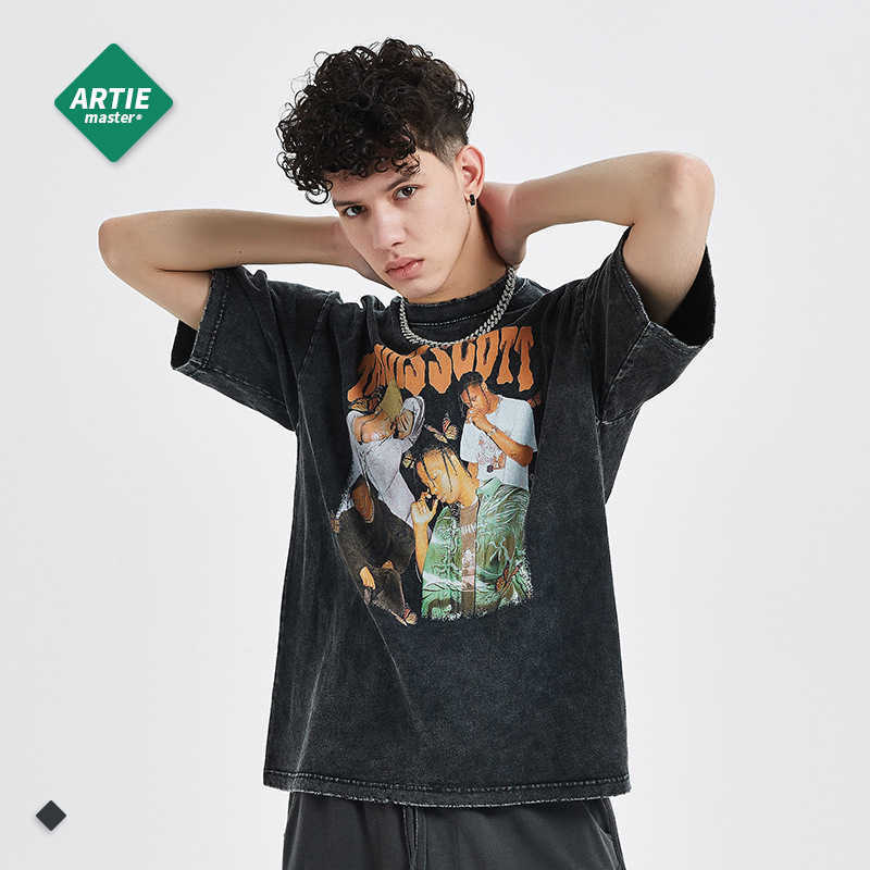 

Artie Menswear | 2022 new tra rapper old men's short sleeve T-shirt trendy men's washing Short Sleeve T, Retro black
