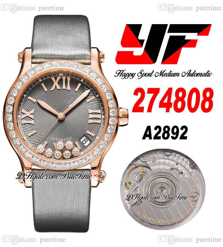 

Happy Sport 36 274808 A2892 Automatic Womens Ladies Watch Rose Gold Diamonds Bezel Gray Textured Dial Roman Markers Satin Strap Super Edition Puretime F6, Custom waterproof service