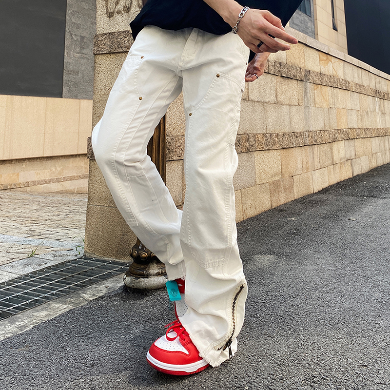 Ankle Zipper Rivet Pockets Straight Loose Mens Jeans Pants Oversized High Street Casual Baggy Denim Trousers
