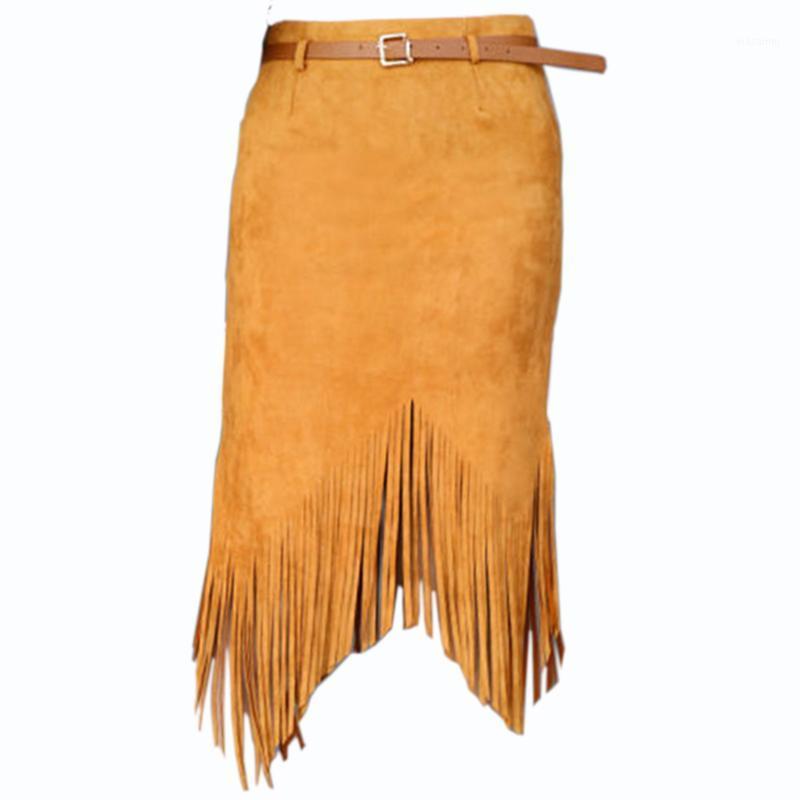 

Skirts MWSFH 2022 Autumn Winter Women A-line Suede Skirt High Waist Sexy Tassel Asymmetrical Pencil Streetwear Bodycon Femininas, Khaki not belt