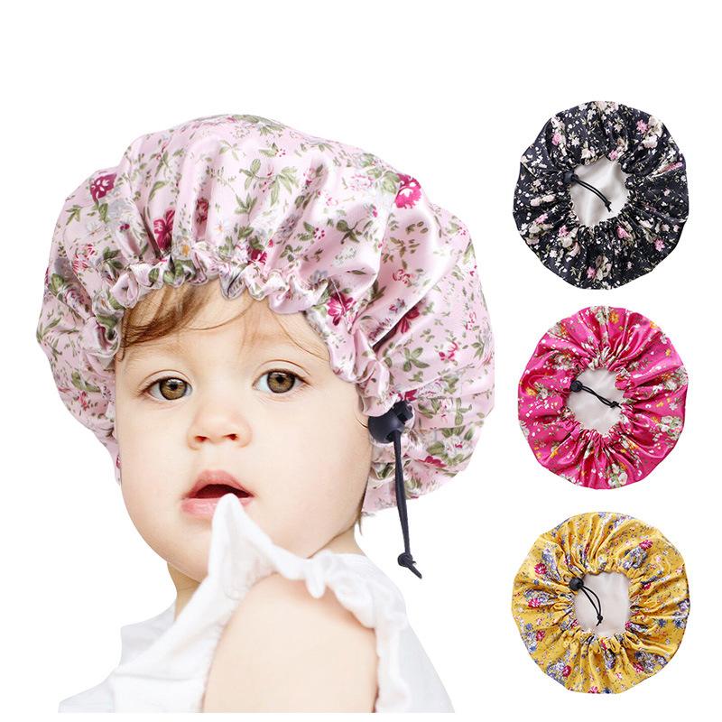 

Hair Accessories Double Layer Satin Silk Sleep Bonnet For Kids Protect Scarf Floral Night Cap Beanie Children Girls Boys HatHair, White