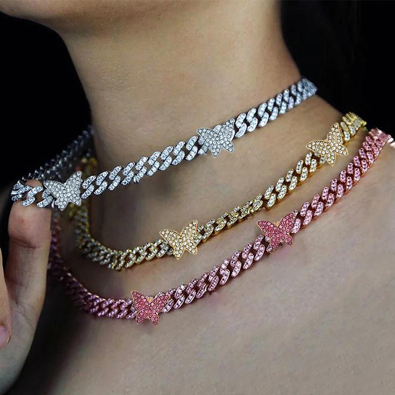 

Chains Caraquet Iced Out Crystal Baguette Butterfly Choker Necklace For Women Bling Rhinestone Miami Cuban Link Punk JewelryChains