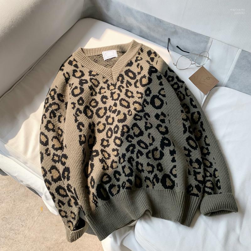 

Men's Sweaters YASUGUOJI Fashion Leopard V Neck Sweater Men Casual Loose Long Sleeve Mens Woolen Pullover Mari22, Khaki k94