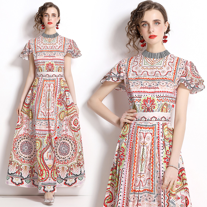 

2022 Petal Sleeve Summer Retro Print Dress Woman Designer Round Neck Runway High Waist Flowy Cute Holiday Prom Dresses Sweet Casual Party Cocktail Maxi Frock Women, Green