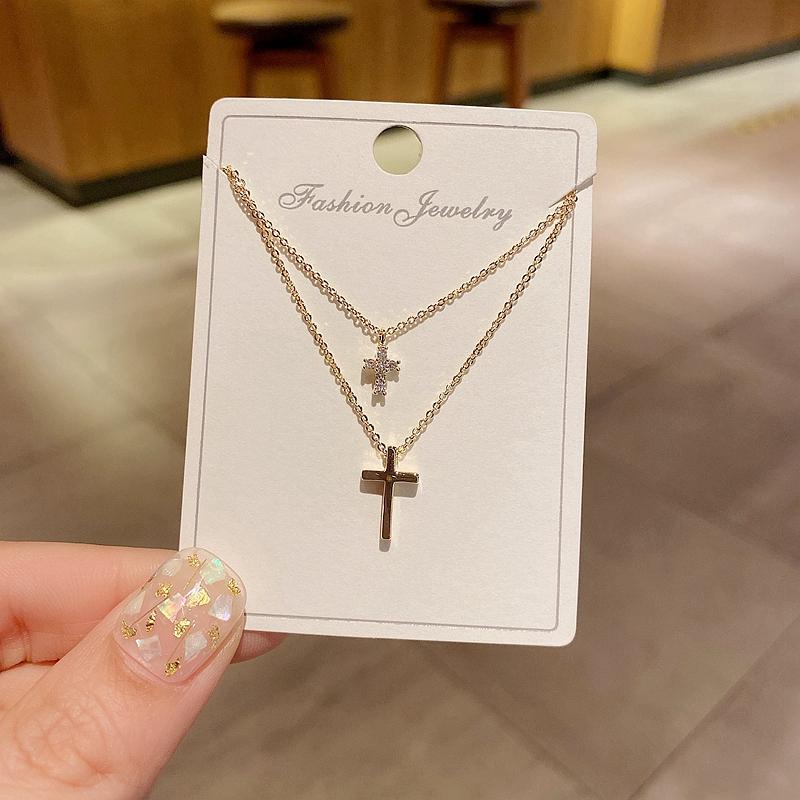 

Chains Exquisite Double Layers Cross Necklace Gold Color Cubic Zirconia Pendant Women JewelryChains