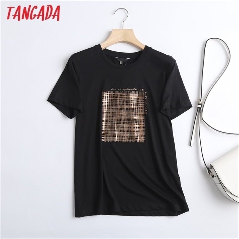 

Tangada Women Black Letter Golden Print Cotton T Shirt Short Sleeve Tees Ladies Casual Tee Street Wear Top 6D04 220401