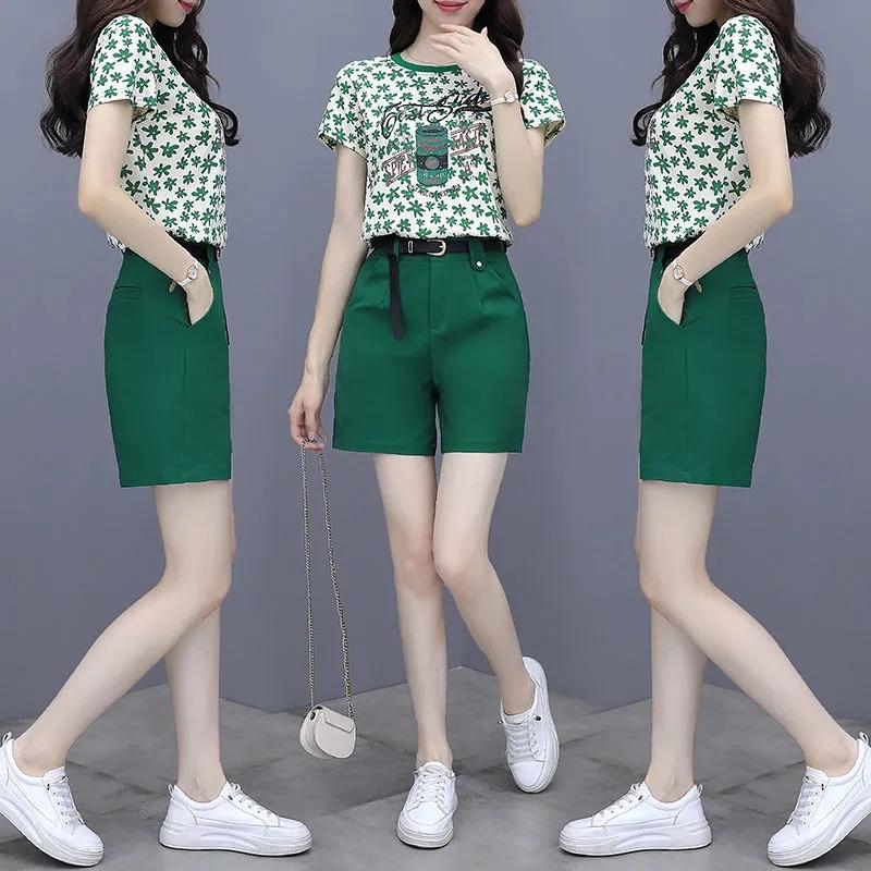 

Women' Tracksuits Women Summer 2 Piece Set Fashion Petal Printing Round Collar Tshirt Shorts Woman Loose And Casual Two-piece SuitWomen, Green suit