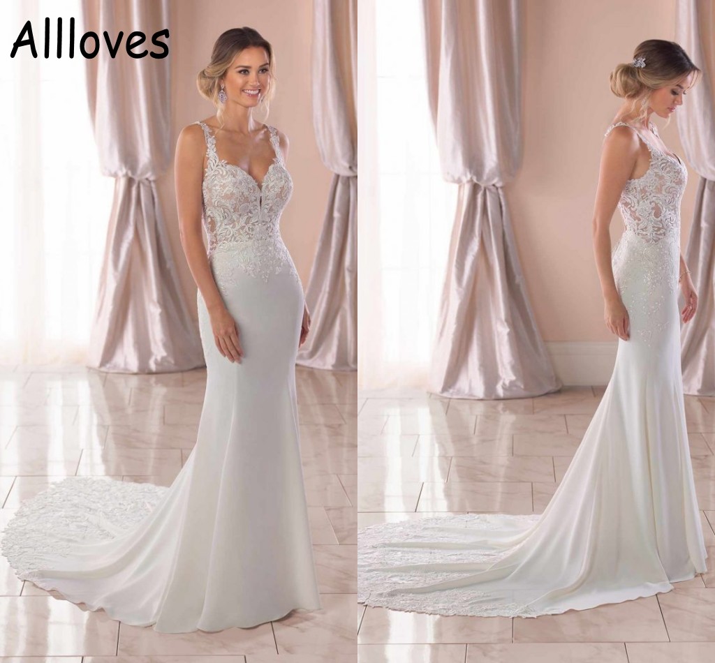 

Boho Beach Elegant Satin Mermaid Wedding Gowns With Lace Straps Sexy Backless Fashion Bridal Dresses Sweep Train Simple Lace Appliqued Robes de Mariee AL9375, White