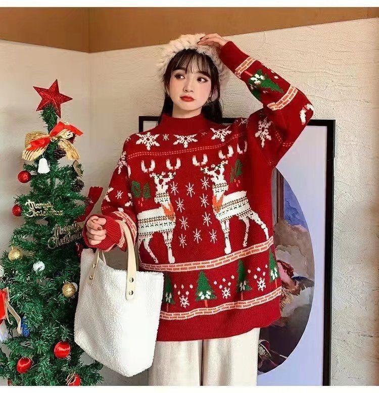 

Women's Sweaters Woman Autumn Winter Plus Size Christmas Knitted Sweater Women 2022 Loose Top Femme Chandails Pull Hiver Goth Knit, Red-02
