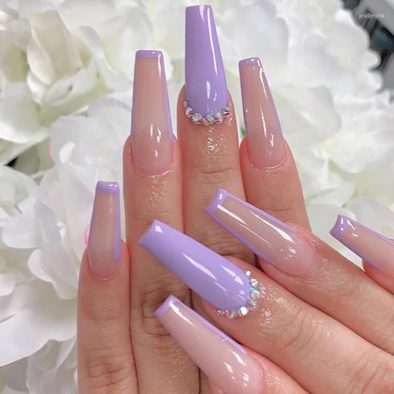 

False Nails Fashion 24pcs Long Trapezoidal Purple Light Beam Diamond Fake Patch Wearable Full Cover Nail Tips Prud22, 49