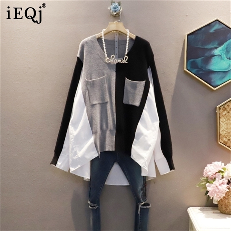 

IEQJ Women Korean Style Fashion Contrast Stitching Knitted V-neck Pullover Shirt Blouse Loose Fashion Spring Autumn 220419, Pink