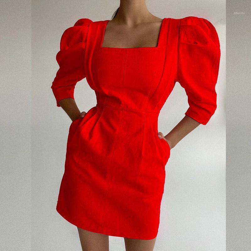 

Casual Dresses Women Sleeve Party Dress Elegant Fashion Square Neck Office Lady Solid Mini French Style Bodycon Red