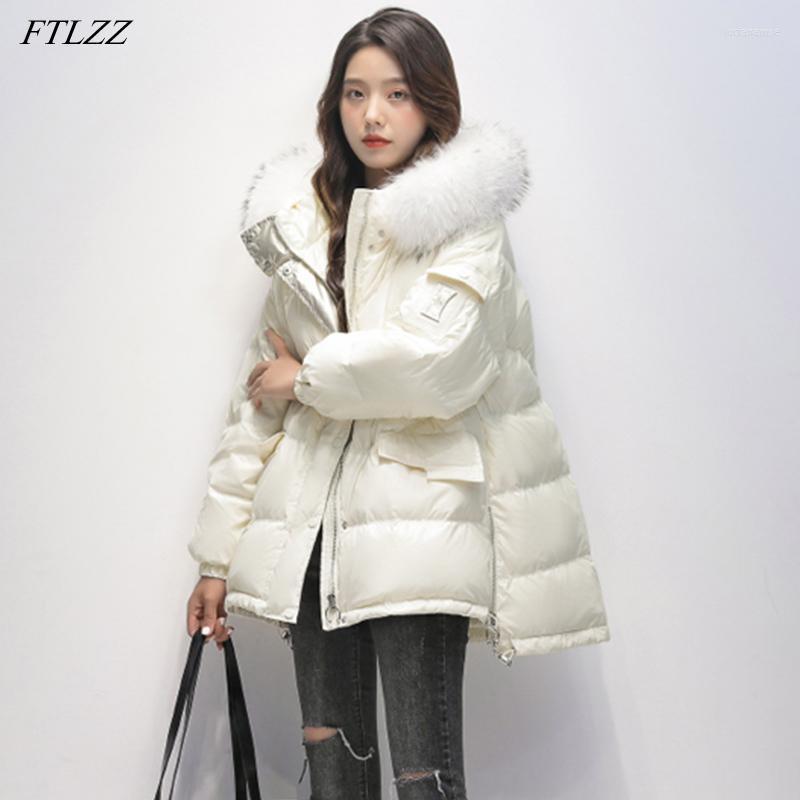 

Women' Down & Parkas FTLZZ Winter Large Natural Fur Hooded Jacket Women 90% White Duck Parka Irregular Loose Coat Thickening Snow Outerwear, Black