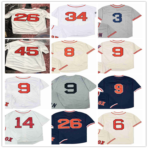 

Man Vintage Boston Baseball Jersey 9 TED WILLIAMS 26 WADE BOGGS 34 DAVID ORTIZ 6 BILL BUCKNER 8 CARL YASTRZEMSKI 14 JIM RICE 3 JIMMIE FOXX 45 PEDRO MARTINEZ Retro, As pic