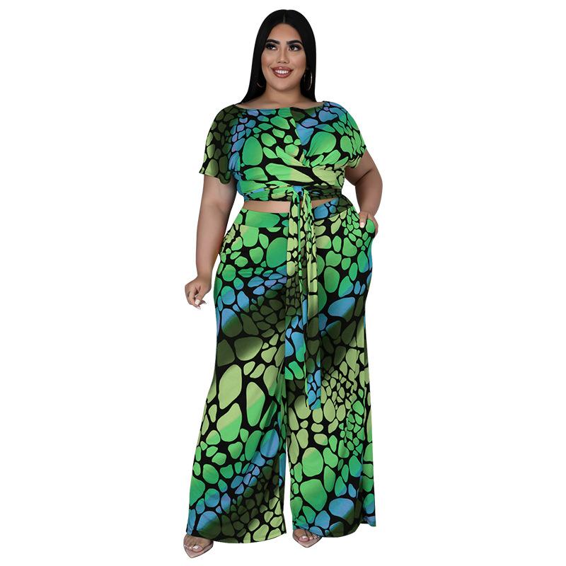 

Women's Plus Size Tracksuits 2 Piece Sets Womens Outfits Club Short Sleeve Tops And Wide Leg Pants Boho Printed Two Suit Female TracksuitsWo, Blue