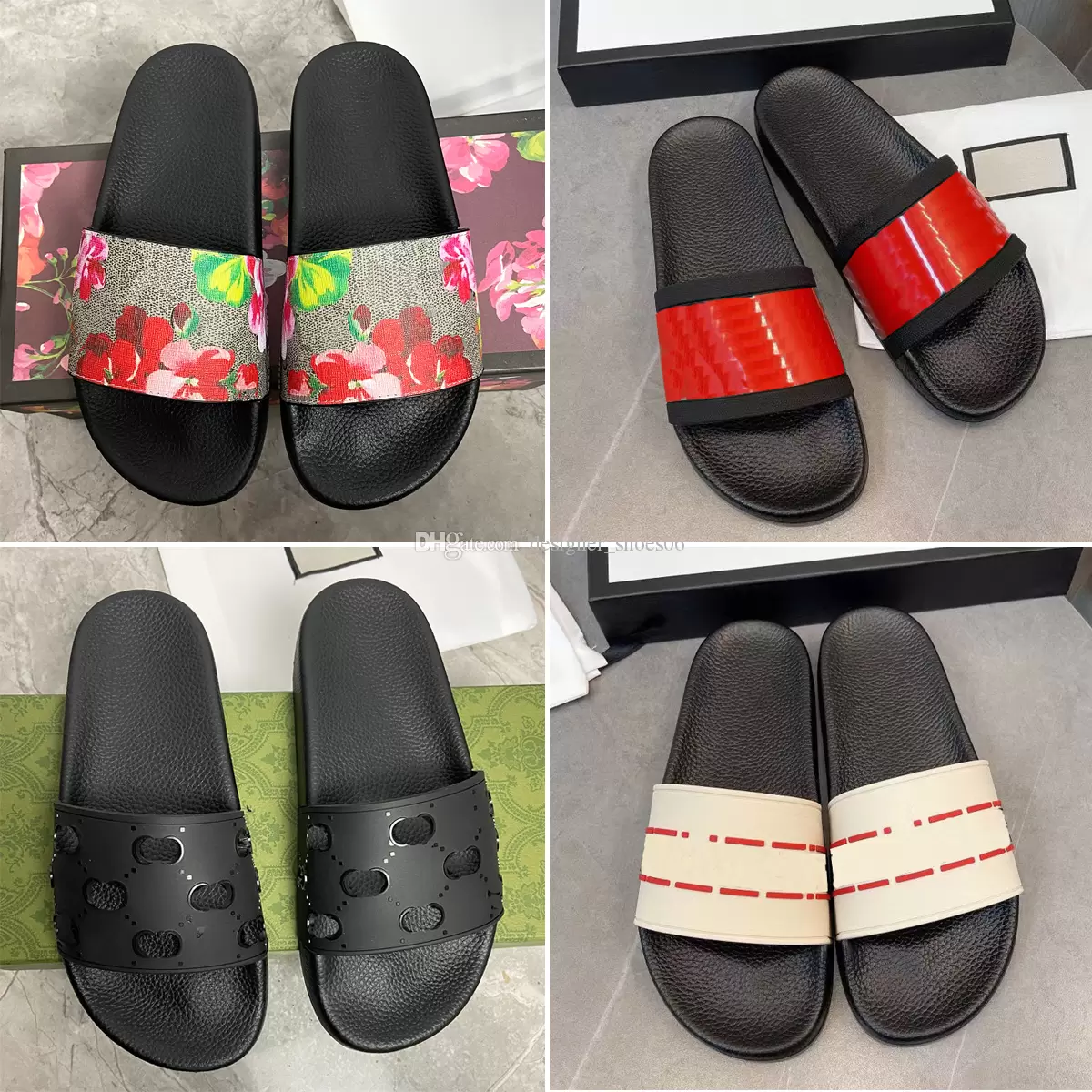 

2022 Designer Slippers Women Man Sandals Classic Real Leather Bees Green Red Slides Platform summer beach striped Luxury Brand Casual Flats Shoes Flower Box 35-46