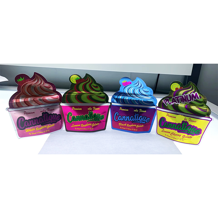 

Dry herb flower unique shape bag 3.5g cannatique white black lemon rasplerry cherry gelato platinum ice cream Special shaped Die Cut mylar bags medibles cali packs
