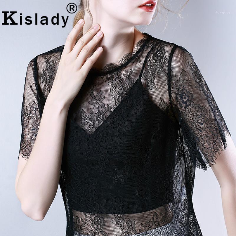 

Kislady Women Clothes 2022 Summer Sexy Loose Lace Blouse Foreign Flavor Patchwork Tops Transparent Female Round Neck Shirt Women' Blouses, Black