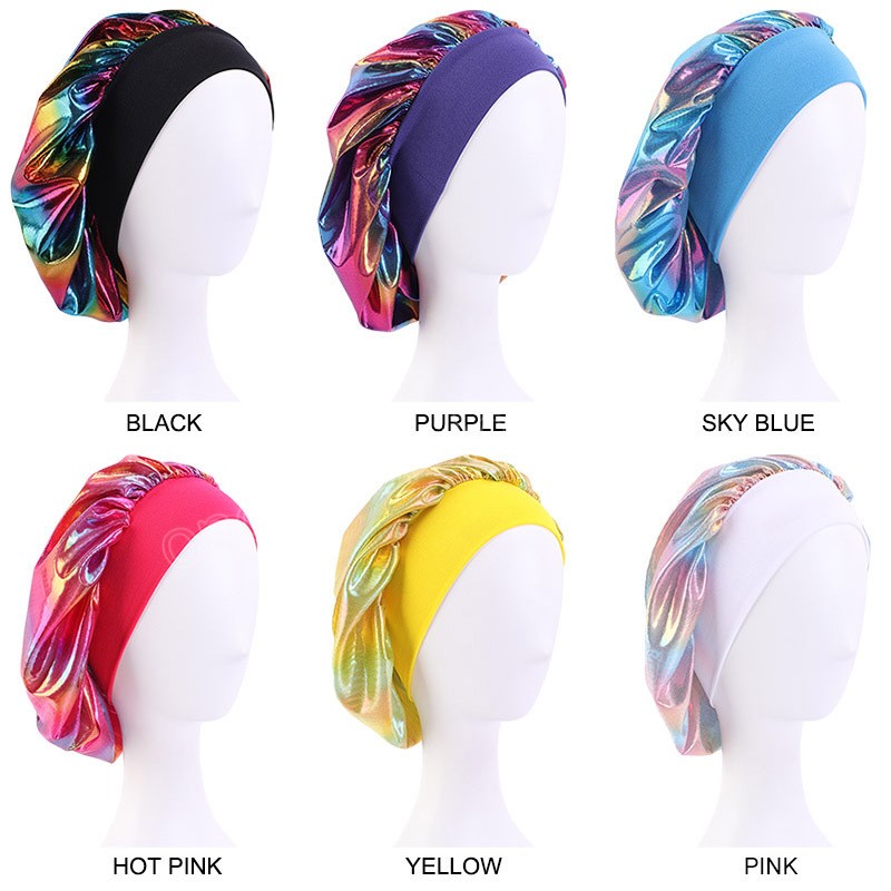 

Silky Laser Pattern Bonnet Cap For Women Wide Elastic Band Night Sleep Cap Headwrap Soft Headcover Salon Makeup Hair Protect Hat, Mixed color