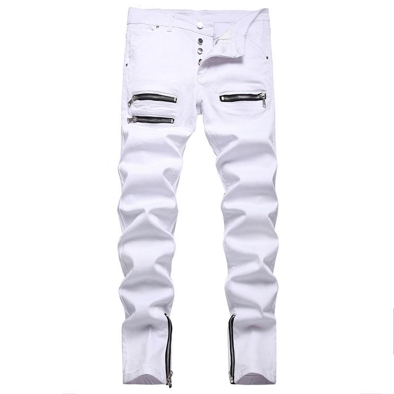 

Men's Jeans High Street Mens Slim Straight Denim Pants Men Fashion Hip Hop Zipper Designer White Cotton Pantalones HombreMen's, 1162