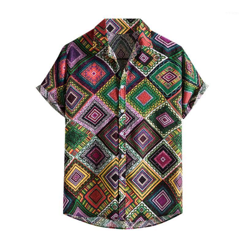 

Men's Casual Shirts Summer Mens Ethnic Short Sleeve Cotton Linen Printing Hawaiian Shirt Blouse Streetwear Camisas Chemise, Multicolor